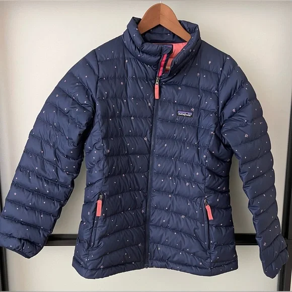 Patagonia Girls Down Jacket XXL 16-18 Great Conditions,navy w pink stars,Minty!! - Picture 2 of 12